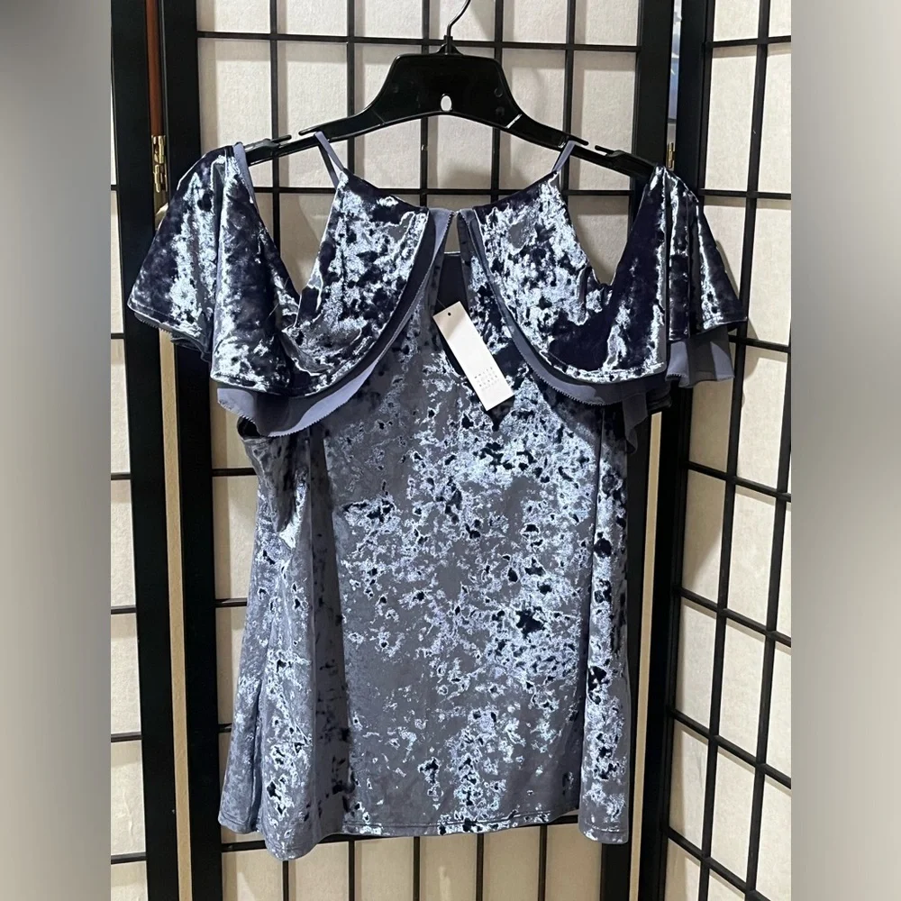 W H B M BLUE CRUSH Velvet Cold-Shoulder FLOUNCE BLOUSE WOMEN ZIZE M - Picture 5 of 8